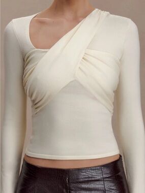 Meshki Ivory Asymmetric Draped Long-Sleeve Top